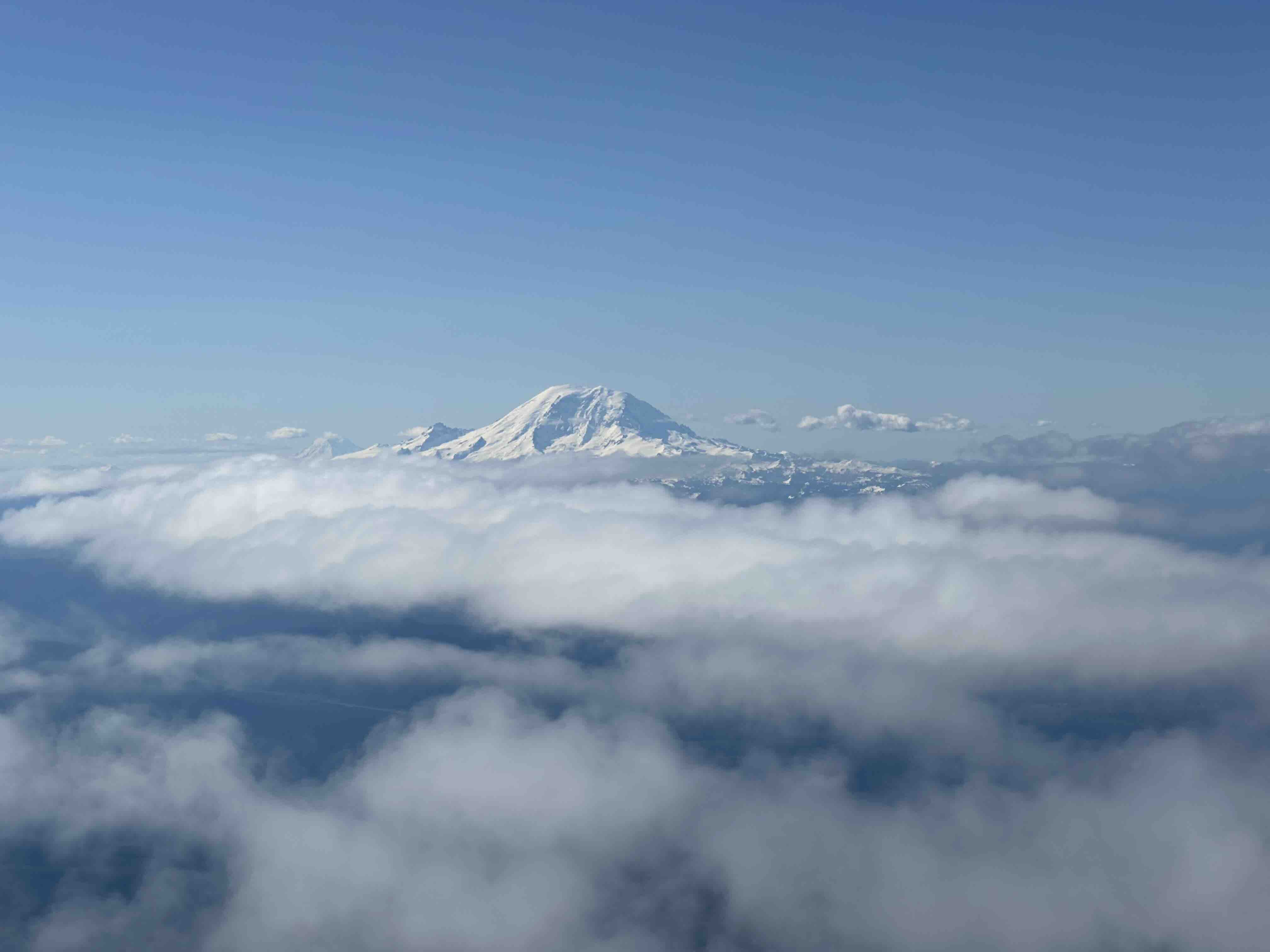 Seattles Mount Rainier rising about the clouds, as seen from an airplane. Photo by Adriana Villela